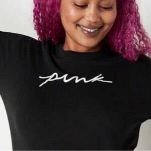 PINK Victoria’s Secret Black Tee White Logo Script Cursive Short Sleeve Size S